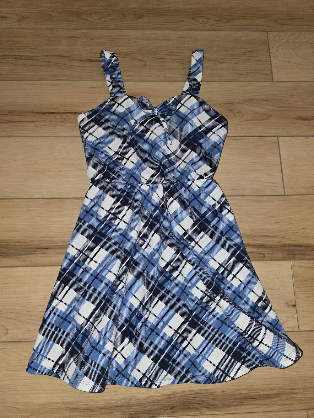 Girls' Blue Plaid Sundress with Tie-Front